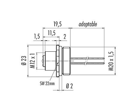 Scale drawing M12 Female panel mount connector, Contacts: 8, unshielded, single wires, IP67, UL 2238, M20x1.5, Front mounting