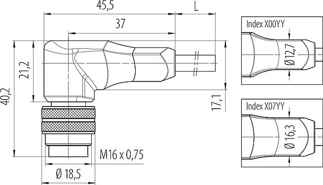 縮尺図 M16 オスアングルコネクタ, 極数: 3, 非シールド, モールドケーブル付き, IP67, PUR, 黒, 3x0.34mm², 2m