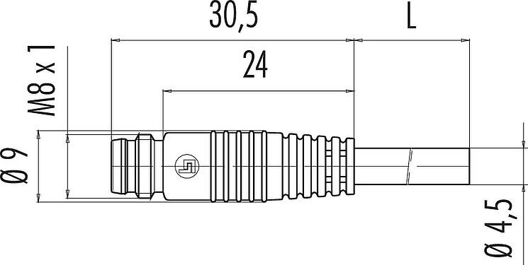 Mittakaavapiirustus M8 Kaapelipistoke, Napojen määrä: 3, suojaamaton, suihkutettu kaapelille, IP65, PUR, musta, 3 x 0,25 mm², Salpa versio, 5 m