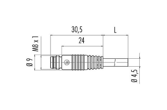 Dessin coté M8 Connecteur mâle, Contacts: 3, non blindé, surmoulé sur le câble, IP65, PUR, noir, 3 x 0,25 mm², Aligner version, 2 m