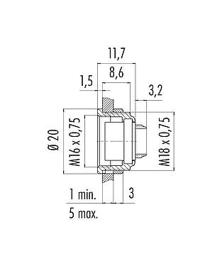 縮尺図 M16 メスパネルマウントコネクタ, 極数: 16, 非シールド, はんだ, IP40, M18x0,75, フロントマウント