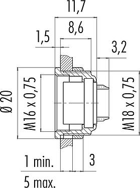 스케일 드로잉 M16 플랜지 리셉터클, 콘택트 렌즈: 14 (14-b), 차폐되지 않음, 솔더, IP40, M18x0,75, 전면 마운팅