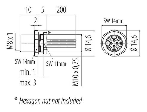 Disegno in scala M8 Connettore femmina a flangia, Numero poli: 4, non schermato, fili singoli, IP67, M8x1,0, Montaggio anteriore
