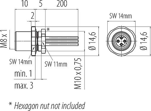 Scale drawing M8 Female panel mount connector, Contacts: 4, unshielded, single wires, IP67, M8x1.0, Front mounting