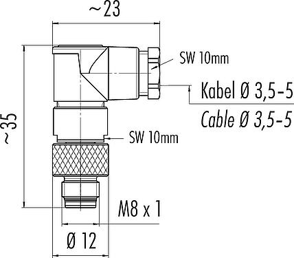 Dessin coté M8 Connecteur mâle coudé, Contacts: 4, 3,5-5,0 mm, non blindé, souder, IP67, UL 2238