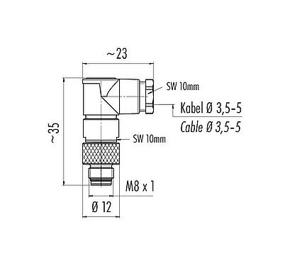 Scale drawing M8 Male angled connector, Contacts: 4, 3.5-5.0 mm, unshielded, solder, IP67, UL 2238