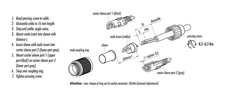 Instructions de montage M9 Connecteur mâle, Contacts: 4, 4,0-5,0 mm, non blindé, souder, IP40