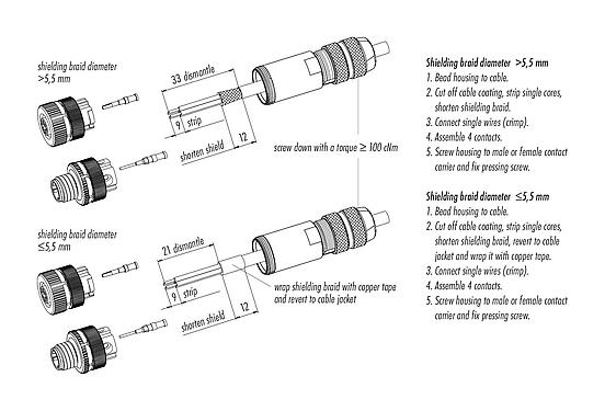 Instrução de montagem 99 1433 810 04 - M12 Plugue de cabo, Contatos: 4, 5,0-8,0 mm, blindável, crimpado (os contactos de crimpdevem ser encomendados separadamente), IP67, UL