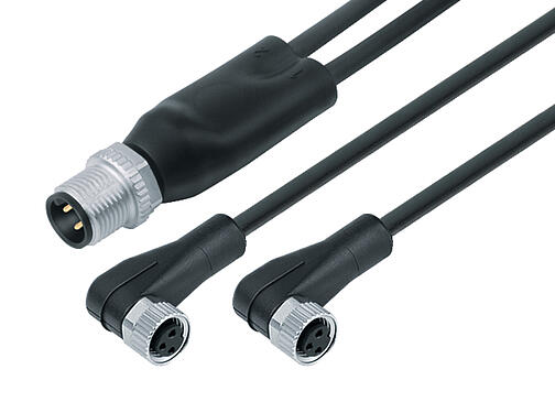 Illustration 77 9829 3408 50003-0100 - M12 Male duo connector - 2 female angled connector M8x1, Contacts: 4/3, unshielded, moulded on the cable, IP67, PUR, black, 3 x 0.34 mm², 1 m
