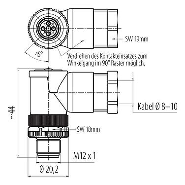 Maßzeichnung M12 Winkelstecker, Polzahl: 4, 8,0-10,0 mm, ungeschirmt, schraubklemm, IP67, UL 2238, VDE