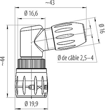 Dessin coté Baïonnette Connecteur mâle coudé, Contacts: 8, 2,5-4,0 mm, non blindé, souder, IP67