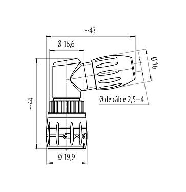 Dessin coté Baïonnette Connecteur mâle coudé, Contacts: 8, 2,5-4,0 mm, non blindé, souder, IP67