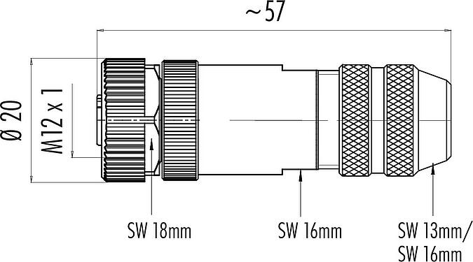 Scale drawing M12 Female cable connector, Contacts: 8, 4.0-6.0 mm, shieldable, screw clamp, IP67, with shielding ring