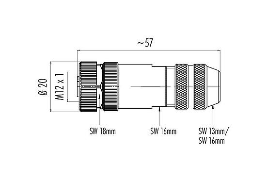 Scale drawing M12 Female cable connector, Contacts: 12, 6.0-8.0 mm, shieldable, solder, IP67, UL 2238, with shielding ring