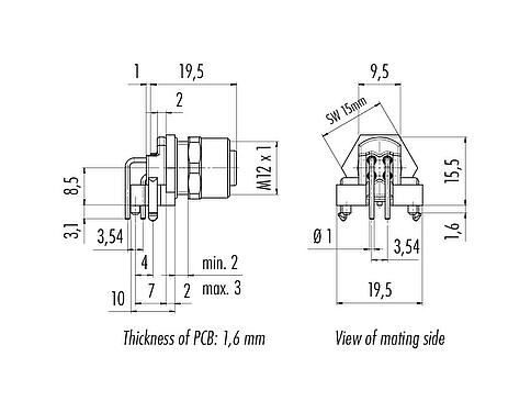 Desenho da escala M12 Soquete de flange, Contatos: 5, desprotegido, THR, IP68, UL 2238, M12x1,0, Montagem no painel traseiro, modelo de duas peças