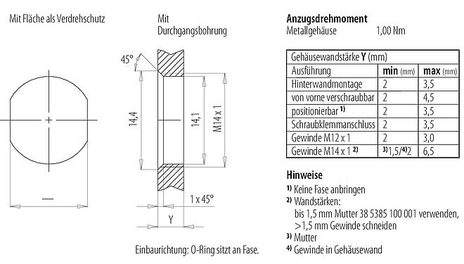 Montageanleitung / Montageausschnitt M12 Flanschdose, Polzahl: 8, schirmbar, SMT, IP68, M14x1,0, Rückwandmontage