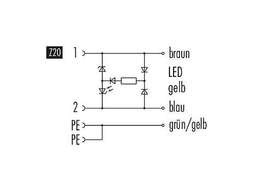 Pin assignment plans 79 5707 10 03 - Connecting cable, Contacts: 2+2PE, unshielded, screw clamp, IP67, PUR, black, Circuit Z20, with LED PNP, 1 m