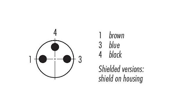 Contact arrangement (Plug-in side) 77 3505 0000 50703-0500 - M8 Male cable connector, Contacts: 3, shielded, moulded on the cable, IP67, PUR, black, 3 x 0.34 mm², 5 m