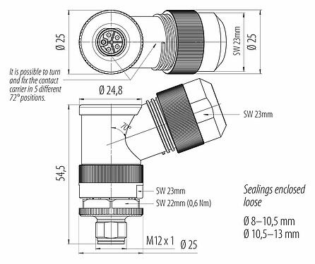 Méretarányos rajz 99 0639 370 05 - M12 derékszögű csatlakozó, : 4+FE, 8,0-13,0 mm, árnyékolatlan, csavaros bilincs, IP67, M12x1,0, a tápegységhez, UL 2237 készül, PE csatlakozással