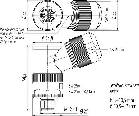 Bản vẽ tỷ lệ M12 Phích cắm bẻ góc, Số lượng cực : 4+FE, 8,0-13,0mm, không có chống nhiễu, kẹp vít, IP67, UL 2238, M12x1,0, Dành cho tủ cấp (nguồn)