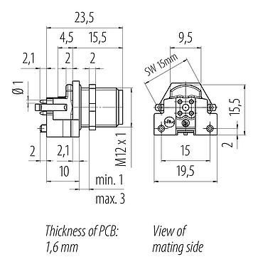 縮尺図 M12 オスパネルマウントコネクタ, 極数: 4, シールド可能, THR, IP67, UL 2238, M12x1.0, 背面パネルマウント