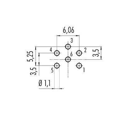 Leiterplattenlayout 09 0123 90 06 - M16 Flanschstecker, Polzahl: 6 (06-a), ungeschirmt, THT, IP67, UL, von vorne verschraubbar