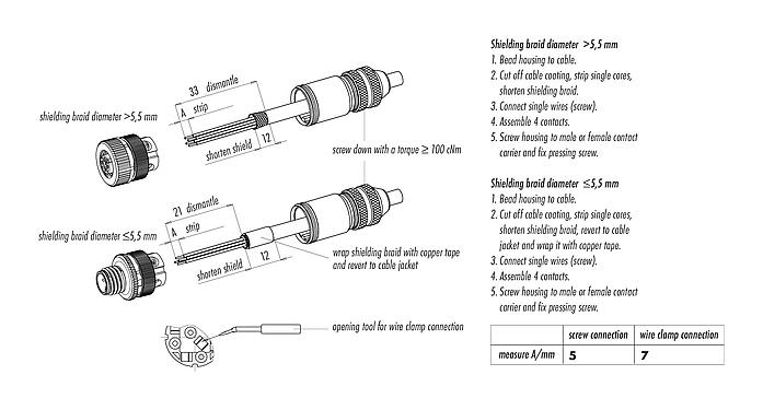 Instrução de montagem 99 1438 910 05 - M12 Tomada de cabo, Contatos: 5, 8,0-9,0 mm, blindável, pinça de parafuso, IP67, UL