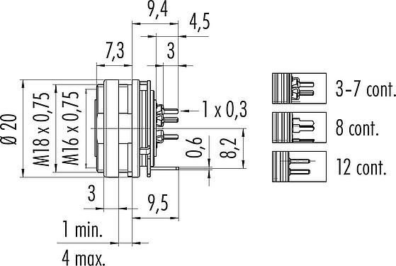 Rysunek z wymiarami M16 Złącze panelowe żeńskie, Kontaktów: 12 (12-a), do ekranowania, THT, IP40, M18x0,75, Montaż na ścianie tylnej