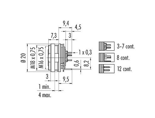 Bản vẽ tỷ lệ M16 Ổ cắm gắn bảng, Số lượng cực : 3 (03-a), có thể che chắn, THT, IP40, M18x0,75, Chốt trung tâm