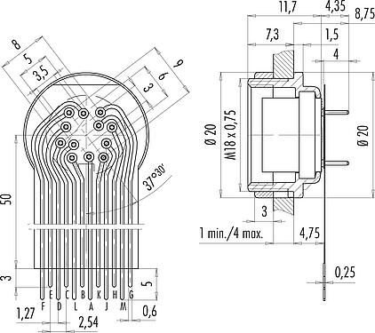 連接和尺寸 M16 孔頭法蘭座, : 12 (12-a), 非遮罩, THT, IP40, M18x0,75, 後壁安裝
