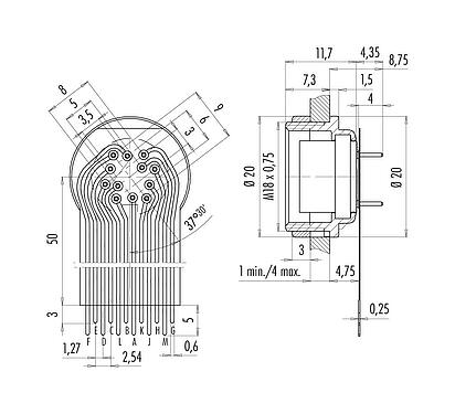Connexion & dimensions 09 0332 65 12 - M16 Embase femelle, Contacts: 12 (12-a), non blindé, THT, IP40, Montage frontal