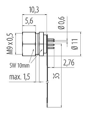 Scale drawing M9 Female panel mount connector, Contacts: 8, unshielded, THT, IP40, M9x0,5, Front mounting