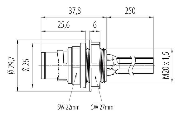 Scale drawing Bayonet Male panel mount connector, Contacts: 6, unshielded, single wires, IP66/IP67, UL 2237, M20x1.5, Front mounting
