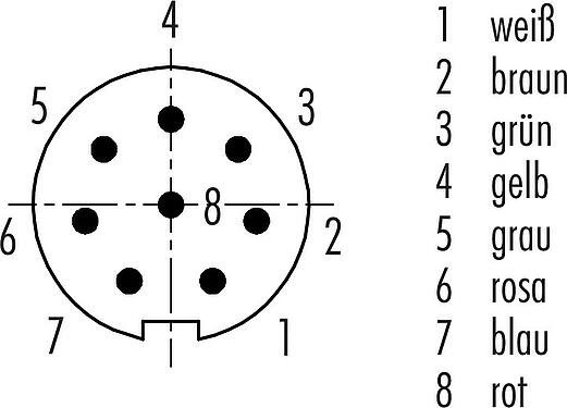 Polbild (Steckseite) M9 Kabelstecker, Polzahl: 8, ungeschirmt, am Kabel angespritzt, IP67, PUR, schwarz, 8 x 0,14 mm², 5 m