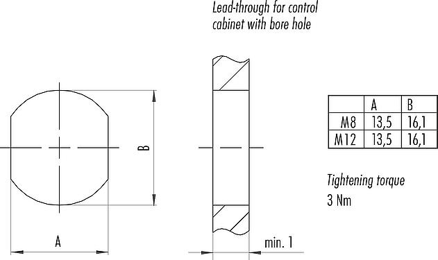 Assembly instructions / Panel cut-out M12 Lead-through for control cabinet, Contacts: 4, shielded, pluggable, IP67, UL 2238, M12x1.0, Rear mounting
