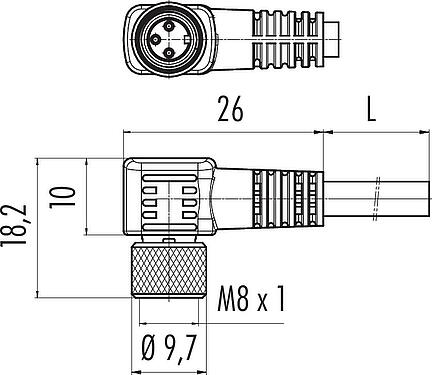 스케일 드로잉 M8 각진 소켓, 콘택트 렌즈: 4, 쉴드, 케이블에 몰딩, IP67, PUR, 검정, 4x0.34 mm², 5m