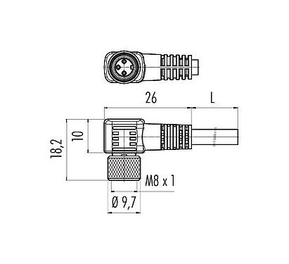 스케일 드로잉 M8 각진 소켓, 콘택트 렌즈: 3, 쉴드, 케이블에 몰딩, IP67, PUR, 검정, 3x0.34mm², 5m