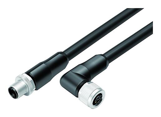 Illustration 77 0679 0674 50505-0200 - M12/M12 Male cable connector - female angled connector, Contacts: 4+PE, unshielded, moulded on the cable, IP68, PUR, black, 5 x 2.50 mm², UL in preparation, 2 m