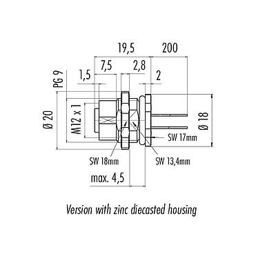 Bản vẽ tỷ lệ M12 Ổ cắm gắn bảng, Số lượng cực : 8, không có chống nhiễu, dây đơn, IP68/IP69K, UL 2238, PG 9, Chốt trung tâm