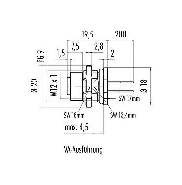 Maßzeichnung M12 Flanschdose, Polzahl: 4, ungeschirmt, Litzen, IP68/IP69K, UL 2238, PG 9, Rückwandmontage, Edelstahl