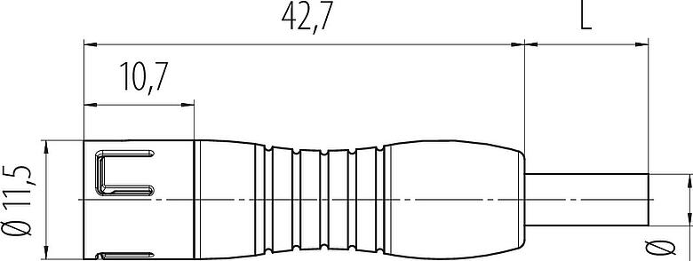 Dessin coté Snap-In Connecteur mâle, Contacts: 3, non blindé, surmoulé sur le câble, IP67, UL 2238, PUR, noir, 3 x 0,25 mm², 2 m