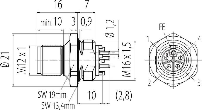 Maßzeichnung M12 Flanschstecker, Polzahl: 4+FE, ungeschirmt, THR, IP67, UL 2238, M16x1,5, Frontmontage