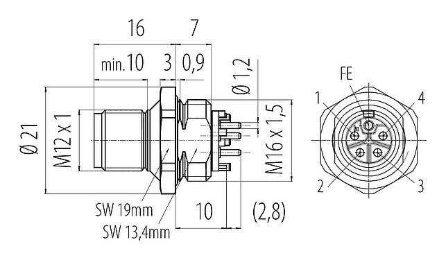 Disegno in scala M12 Connettore maschio a flangia, Numero poli: 4+FE, non schermato, THR, IP67, UL 2238, M16x1,5, Montaggio anteriore