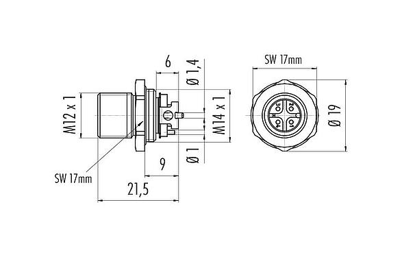 Scale drawing M12 Male panel mount connector, Contacts: 4, unshielded, SMT, IP67, M12x1.0, Front mounting