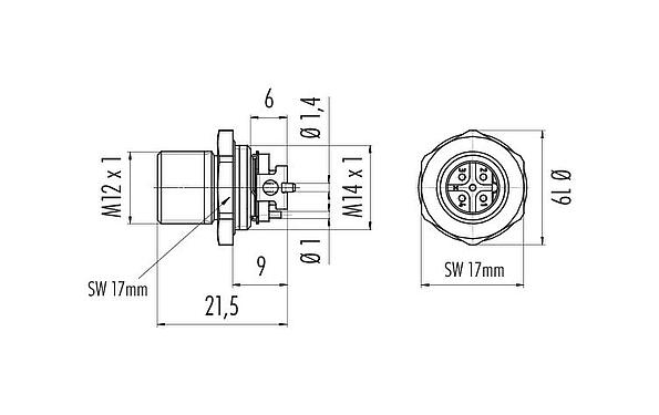 Maßzeichnung M12 Flanschstecker, Polzahl: 5, schirmbar, SMT, IP67, M14x1,0, Rückwandmontage