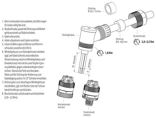 Montageanleitung M12 Winkeldose, Polzahl: 4+FE, 8,0-13,0 mm, ungeschirmt, schraubklemm, IP67, M12x1,0, für die Spannungsversorgung (Power), UL 2237 in Vorbereitung, mit PE Anbindung