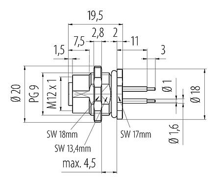 Scale drawing M12 Female panel mount connector, Contacts: 5, unshielded, THT, IP68, PG 9, Rear mounting