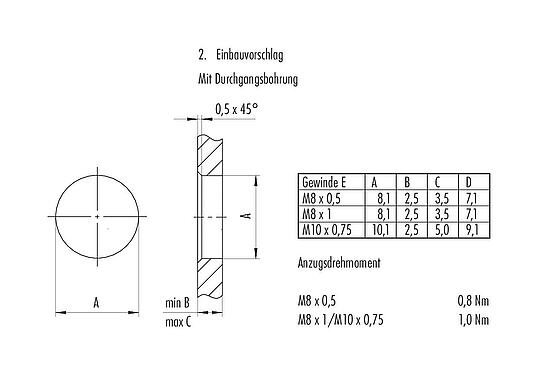 Montageanleitung / Montageausschnitt M8 Flanschdose, Polzahl: 4, schirmbar, THT, IP67, M8x1,0, Rückwandmontage, vergossen