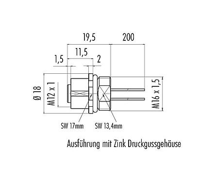 Maßzeichnung M12 Flanschdose, Polzahl: 5, ungeschirmt, Litzen, IP68, UL 2238, M16x1,5, Frontmontage