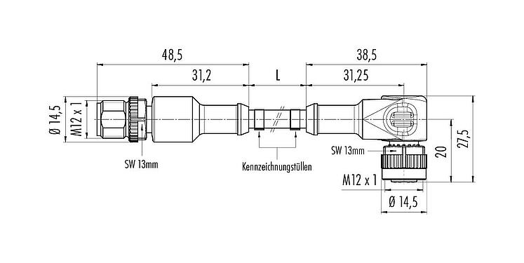 Maßzeichnung M12 Verbindungsleitung Kabelstecker - Winkeldose, Polzahl: 3, ungeschirmt, am Kabel angespritzt, IP68/IP69K, UL 2238, PUR, schwarz, 3 x 0,34 mm², 2 m